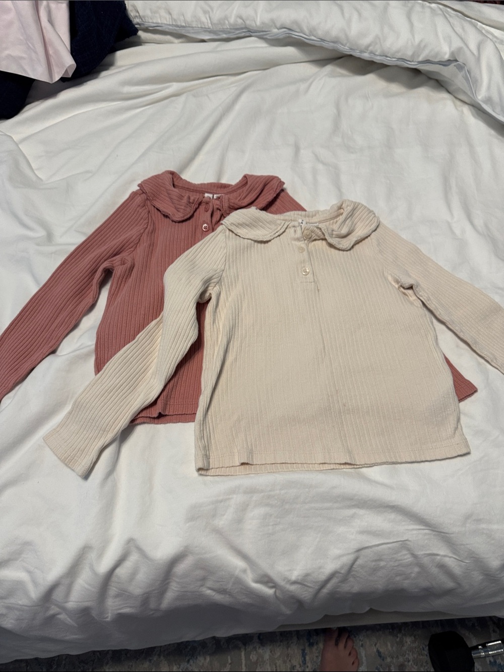 Janie and Jack Ribbed Peter Pan Collar Long-Sleeve Tops - Dusty Pink & Cream